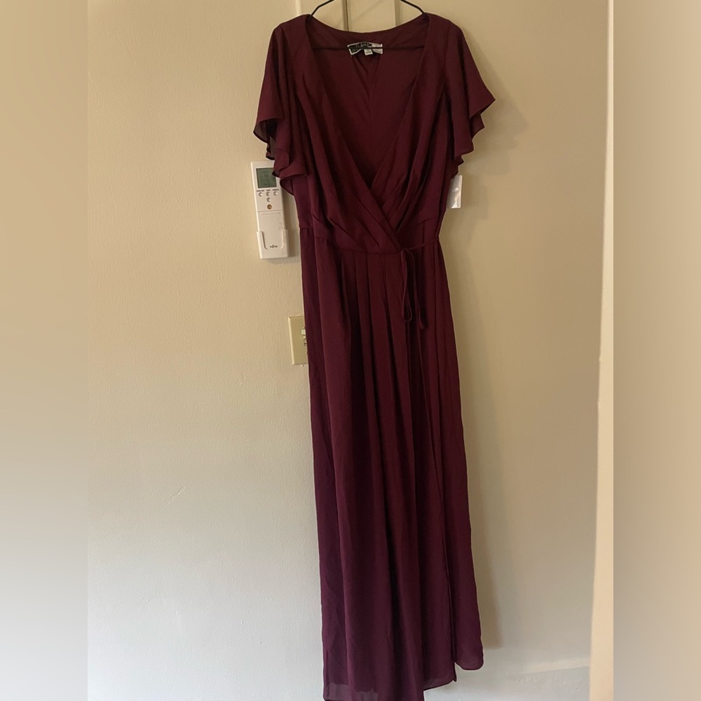 David’s Bridal Flutter Sleeve Wrap Dress in Wine Color